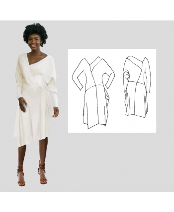 Long sleeve Asymmetrical Dress Custom Fit Sewing Patterns. Step-by-Step Sewing Instructions